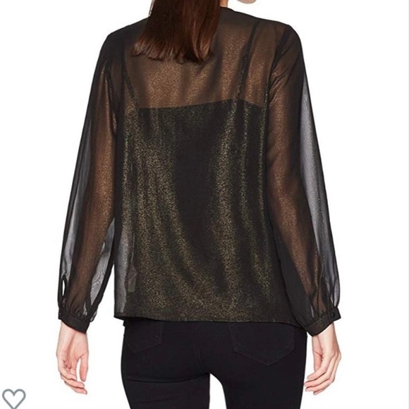 Nanette Lepore black with gold shimmer long sleeve ruffle front sheer blouse - Picture 2 of 5